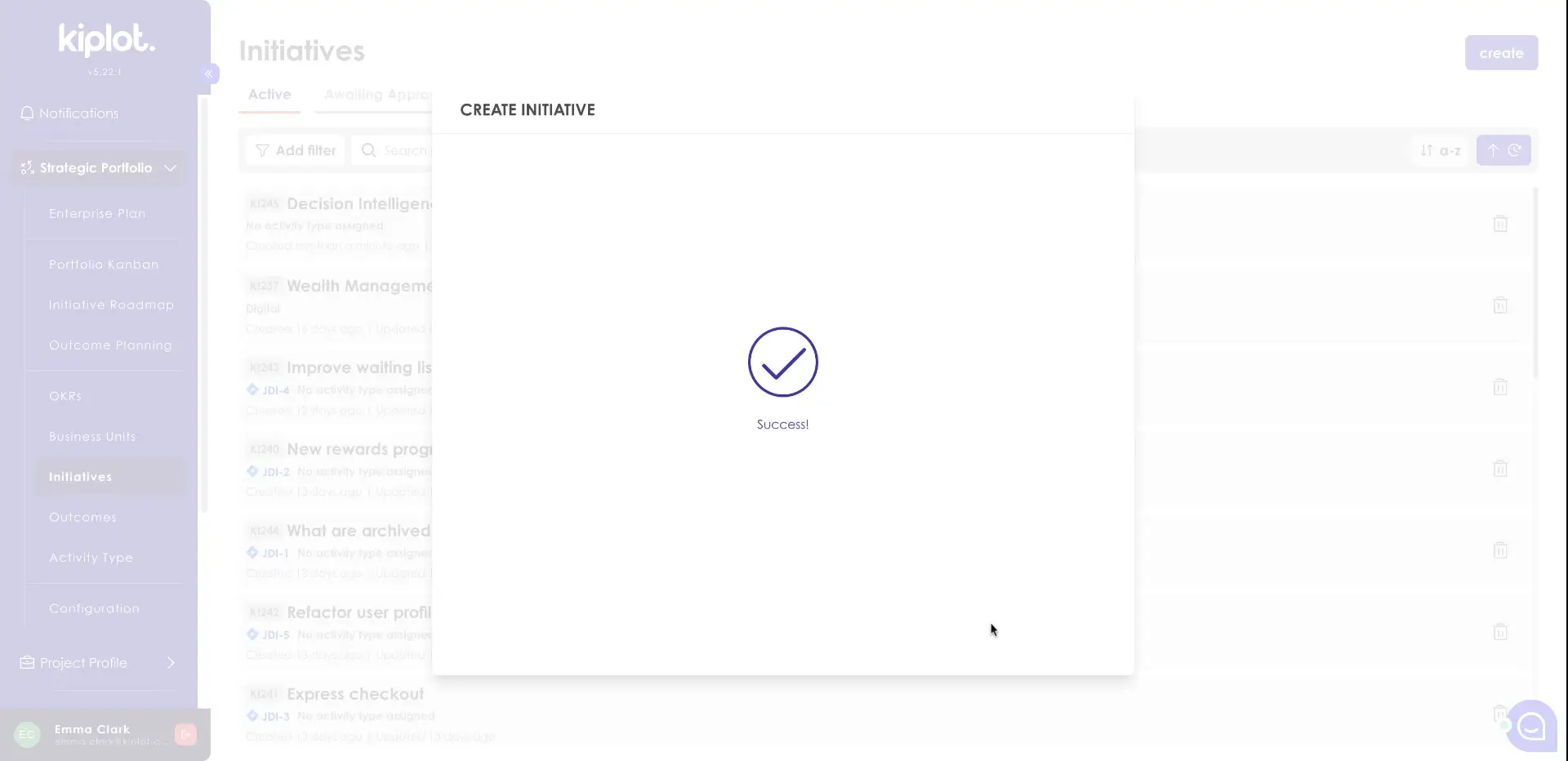The screenshot shows a success message after creating an initiative in Kiplot. The user is in the Initiatives section of the Strategic Portfolio.