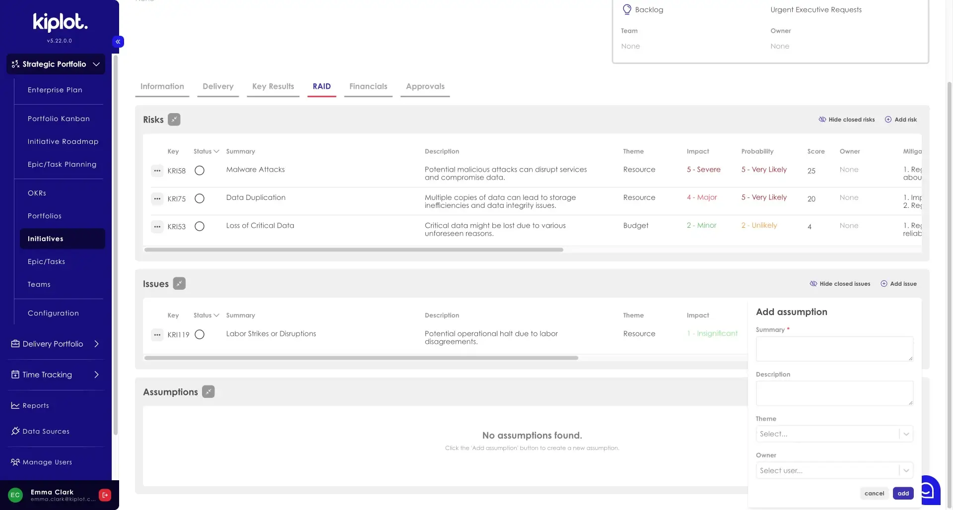 Kiplot Strategic Portfolio RAID tab showing risks, issues, and assumptions management interface.