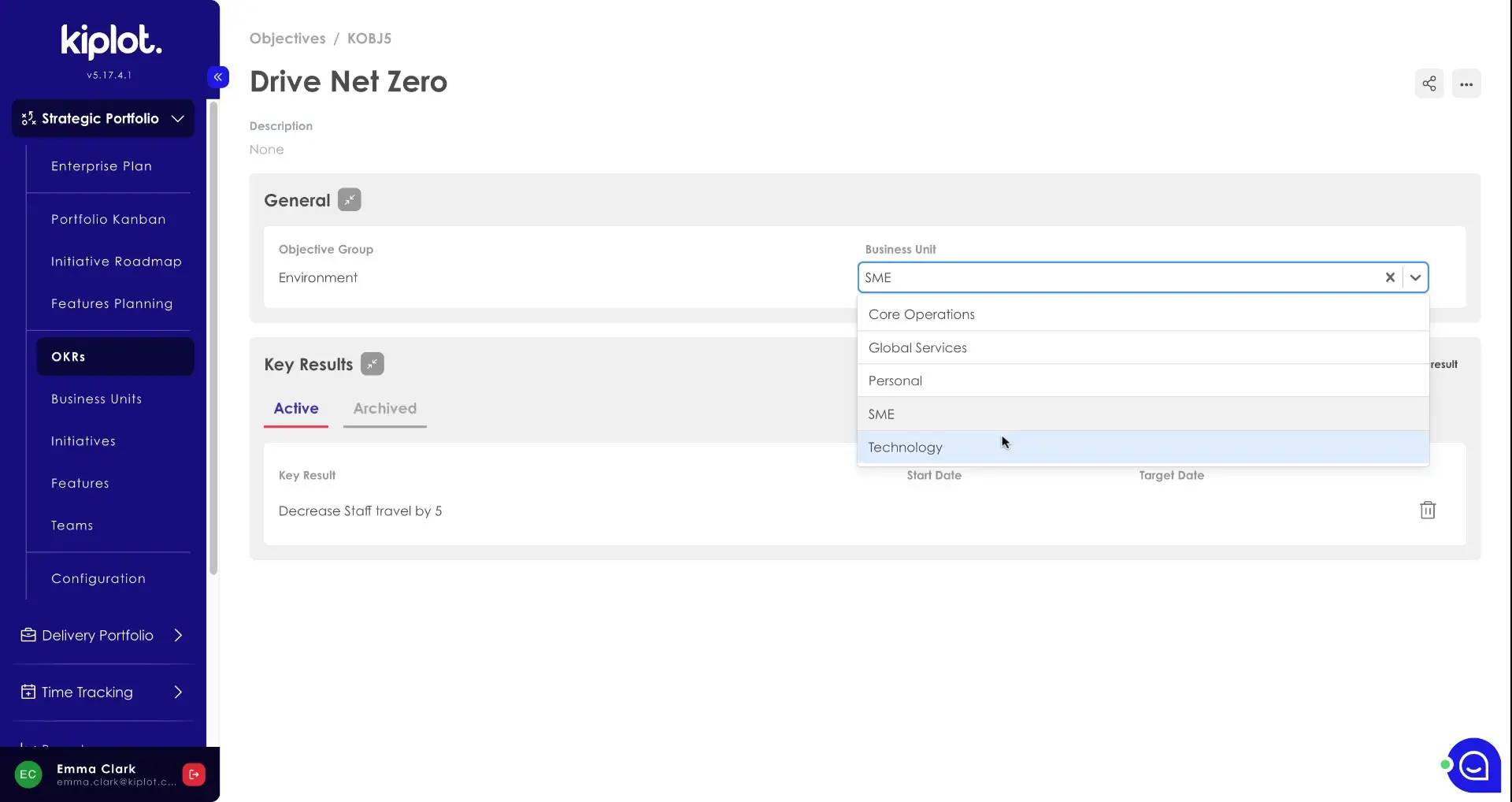 The user is selecting "Technology" as the Business Unit for the "Drive Net Zero" objective within the Kiplot software.