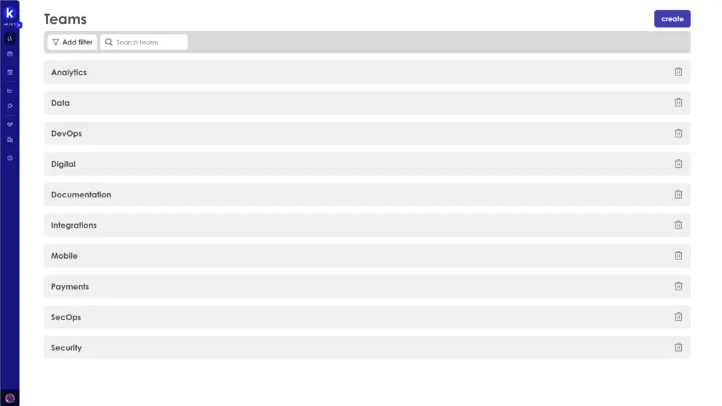 Kiplot Teams page for capacity planning with search and create options.