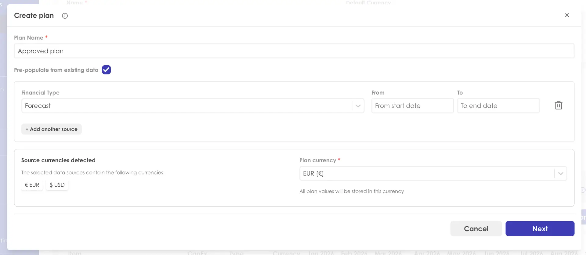Kiplot Create Plan screen for Financial Control with multiple currencies