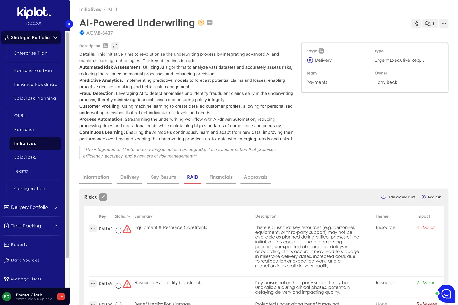 Kiplot software screenshot showing AI-Powered Underwriting initiative with risk management details in the RAID tab.