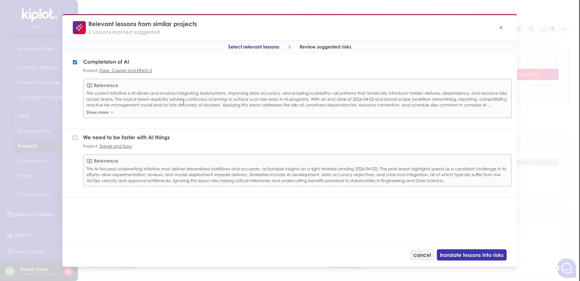 Kiplot Portfolio Planning - Relevant lessons from similar projects screen