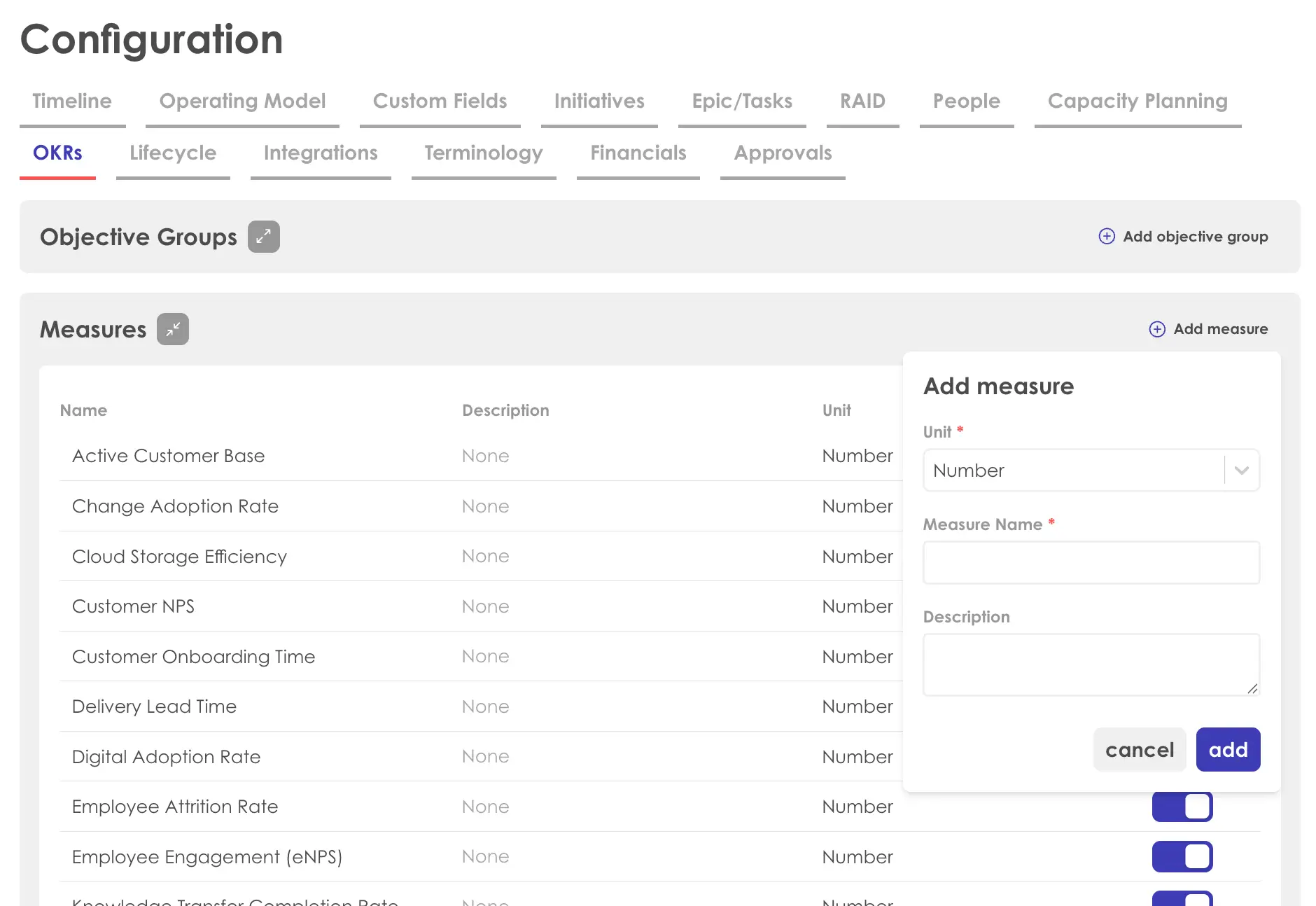 Kiplot Configuration OKRs tab showing Objective Groups and Measures management interface.