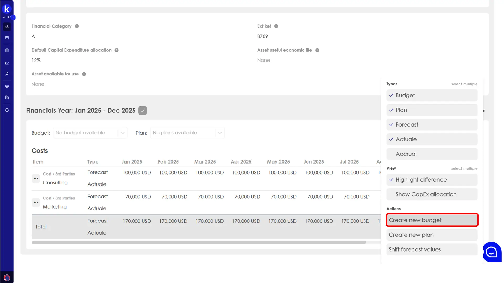 Kiplot Financials Configuration screen for Jan 2025 - Dec 2025 showing budget and plan options.
