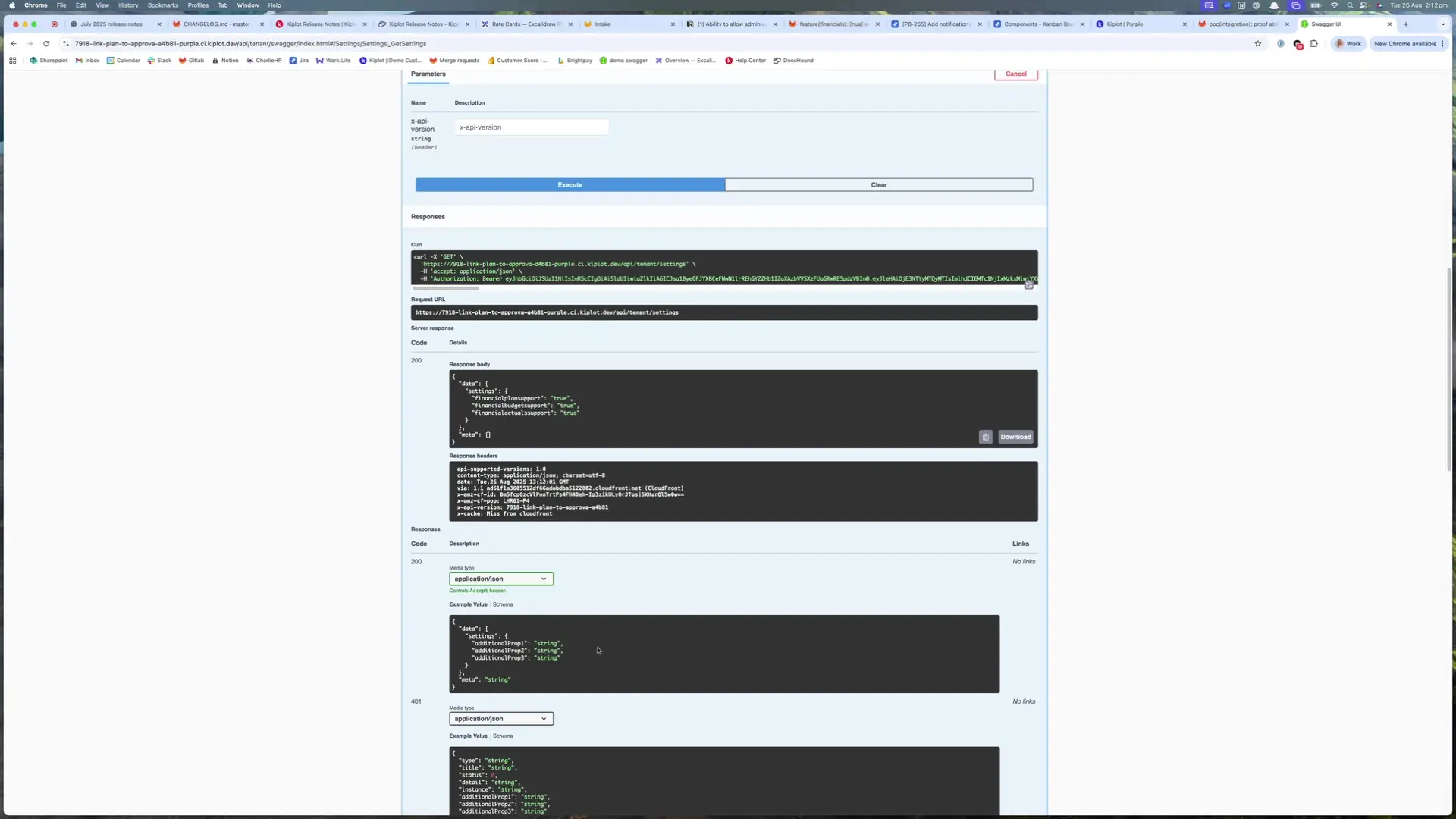 The screenshot displays the Kiplot software's API documentation, specifically focusing on the Settings_GetSettings endpoint. It shows the request URL, server response, response body, and headers, along with example schemas for successful (200) and unauthorized (401) responses.