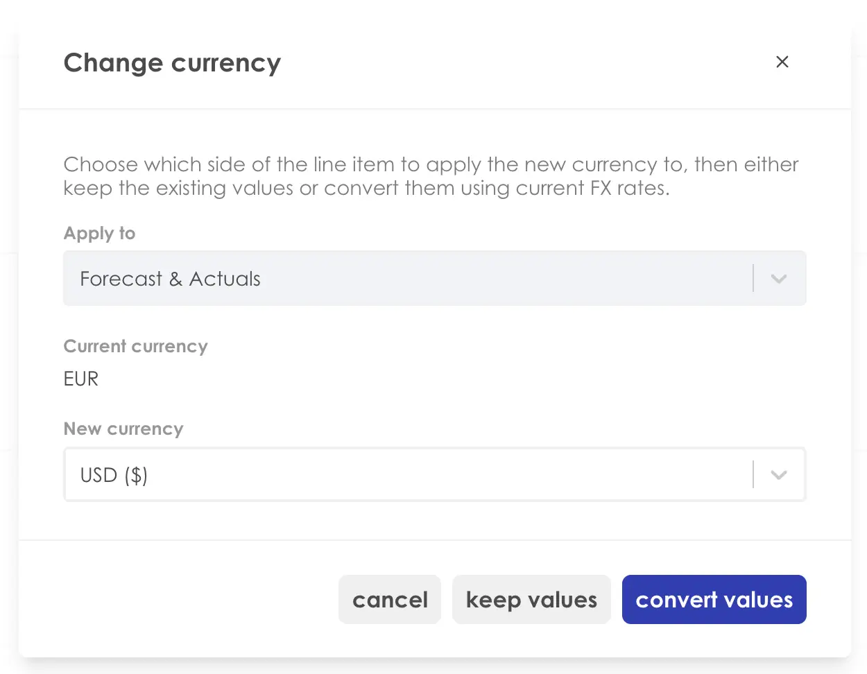 Kiplot Change Currency screen for Financial Control feature