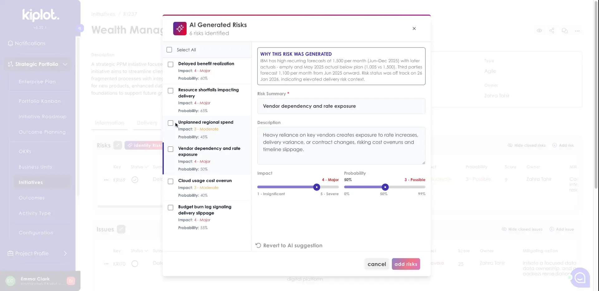 Kiplot software AI Generated Risks panel in Portfolio Planning feature.