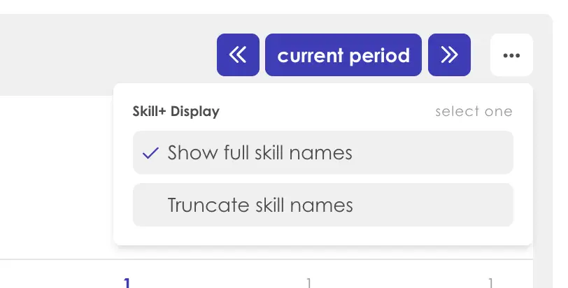 Kiplot Capacity Planning Skills Configuration menu showing options to display full or truncated skill names.