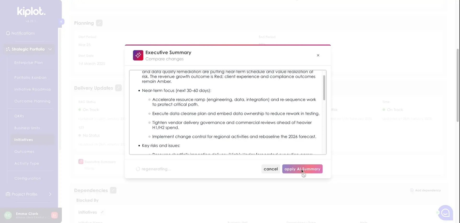 Kiplot Initiatives Executive Summary dialog with options to cancel or apply AI summary.
