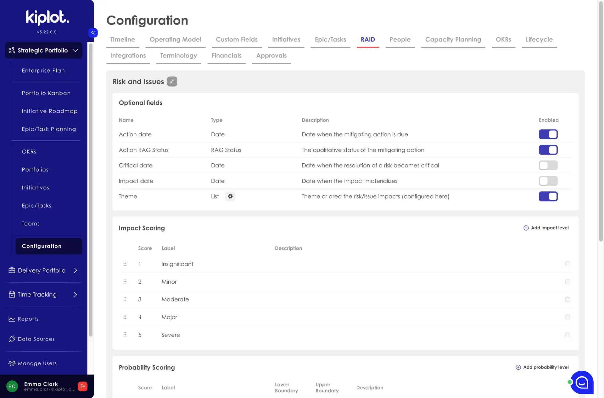Kiplot Configuration page under RAID tab showing Risk and Issues settings with optional fields and impact scoring.