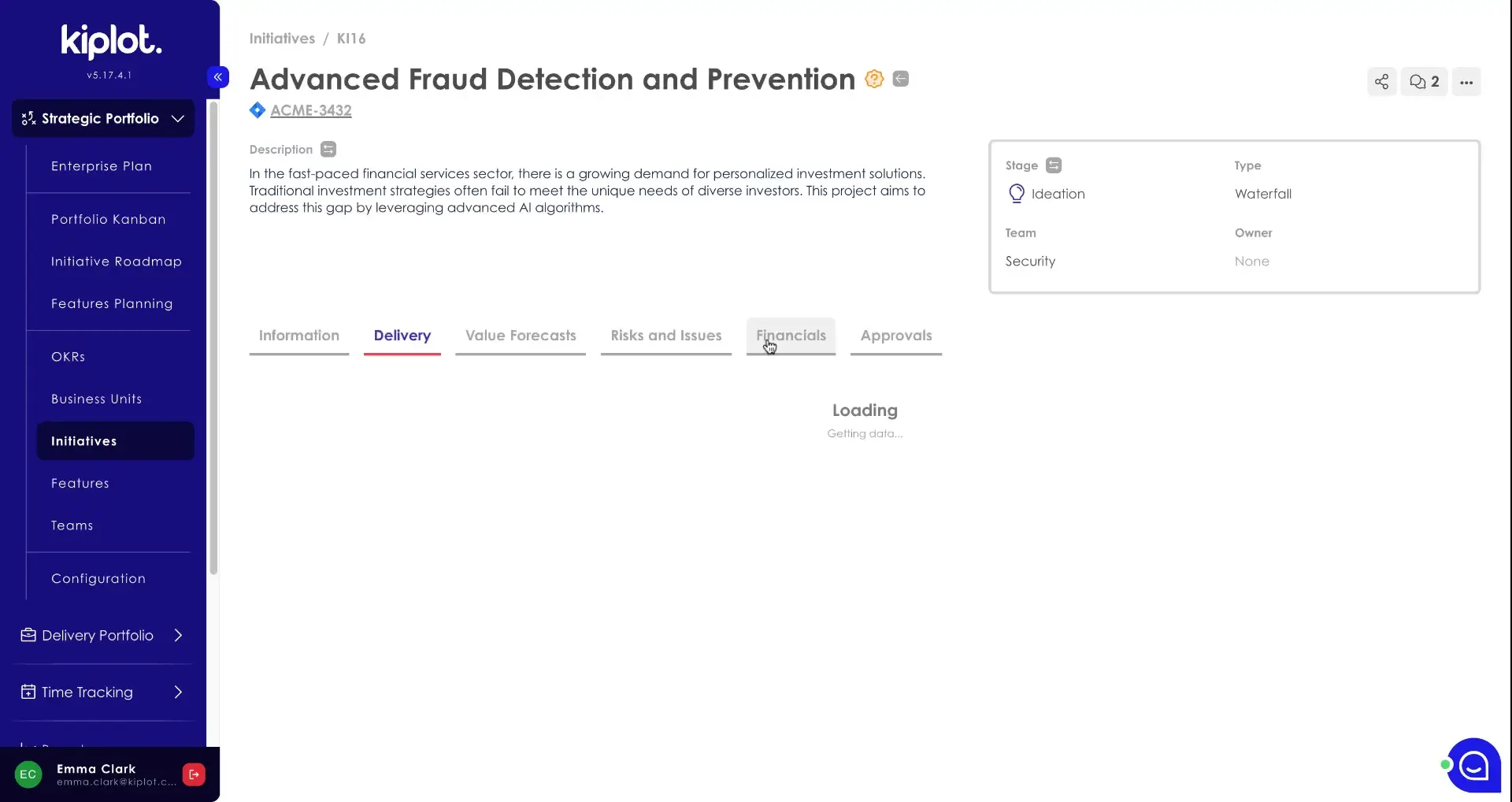 The user is viewing the Financials tab within the Advanced Fraud Detection and Prevention initiative, and the system is currently loading data.