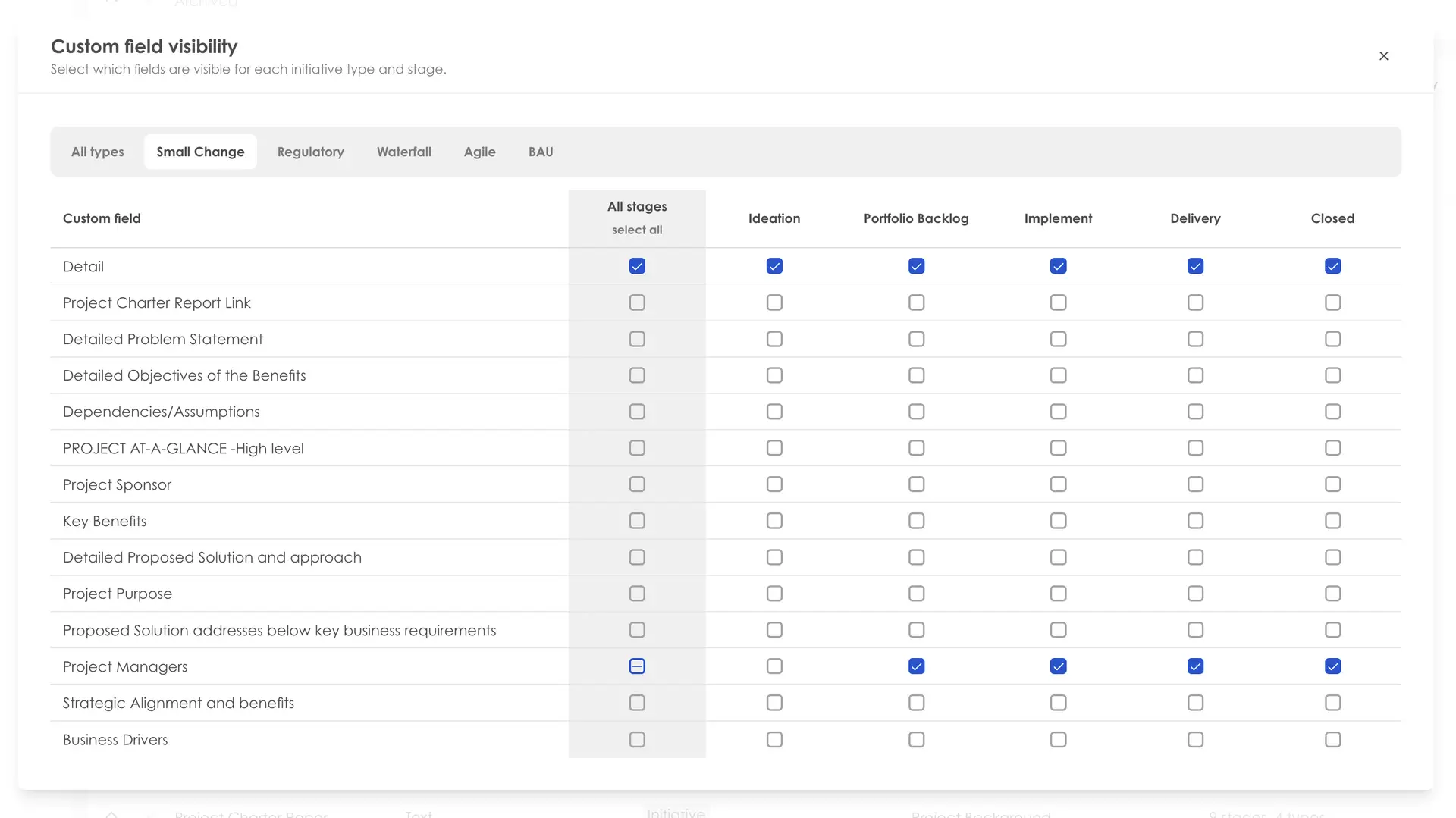 Kiplot Custom field visibility configuration screen for Small Change initiative type.