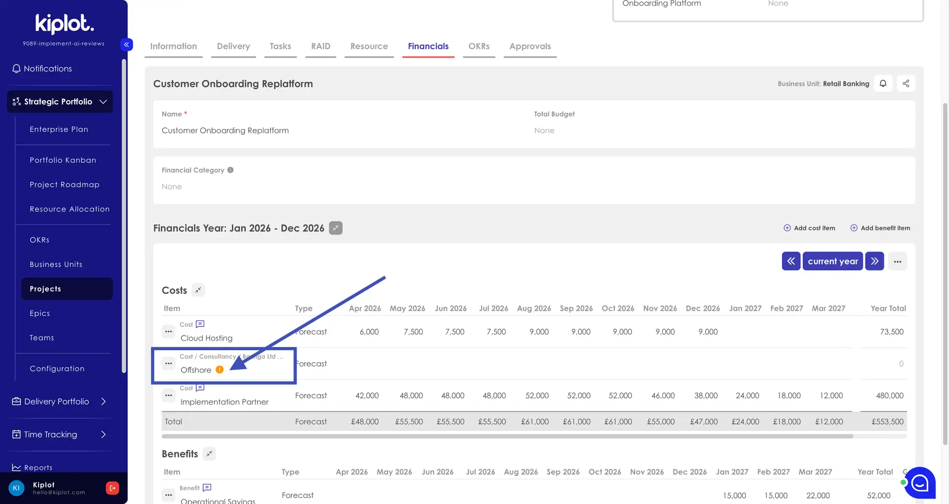 Kiplot Financials Configuration screen for Customer Onboarding Replatform project, showing costs and benefits forecast for 2026.