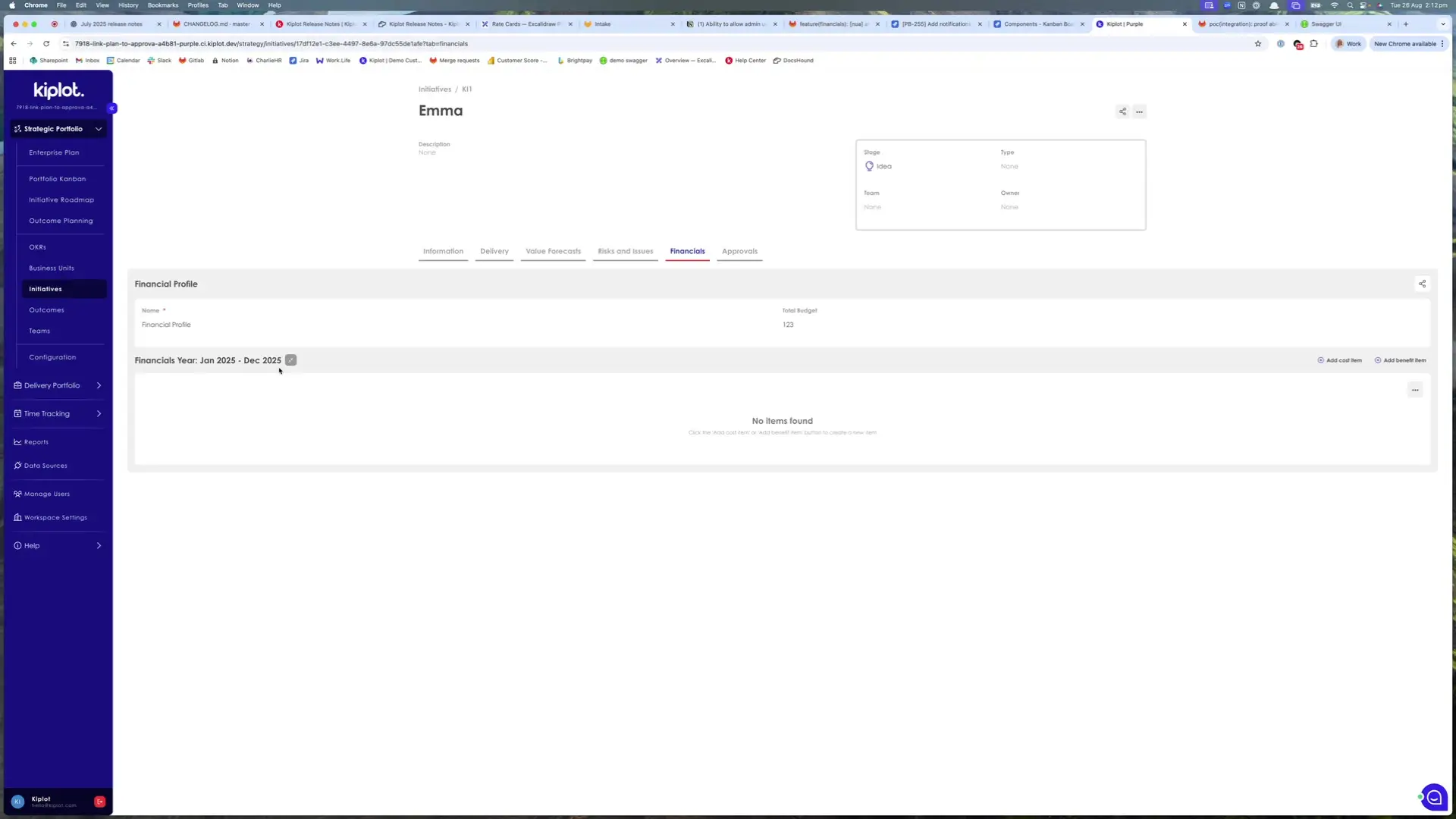 The screenshot displays the Financials tab within the Kiplot software, showing the financial profile for an initiative named Emma. It indicates a financial year from January 2025 to December 2025, with a total budget of 123, and currently, no items are found.