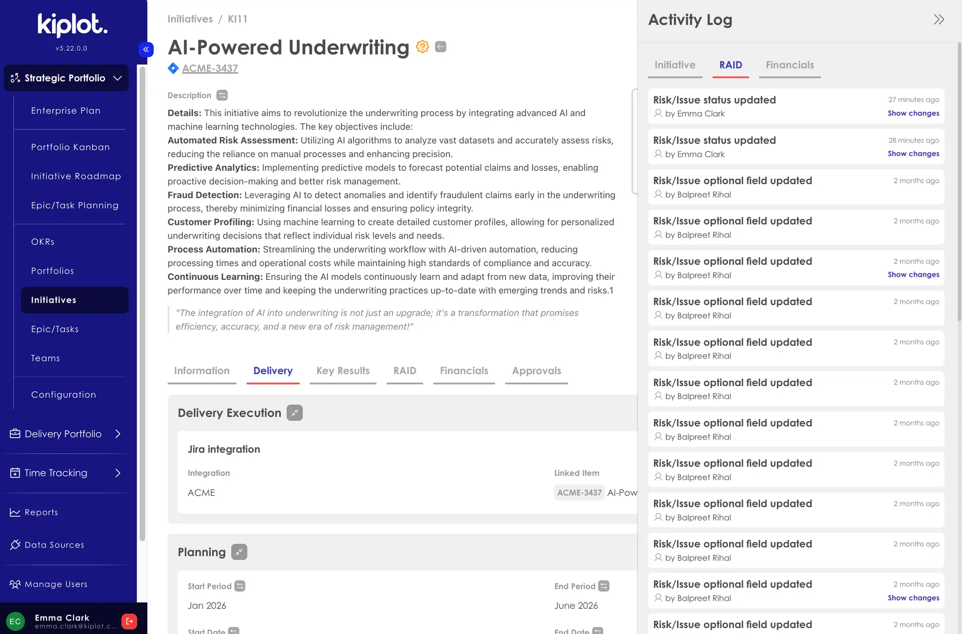 Kiplot AI-Powered Underwriting initiative screen with activity log and delivery details.