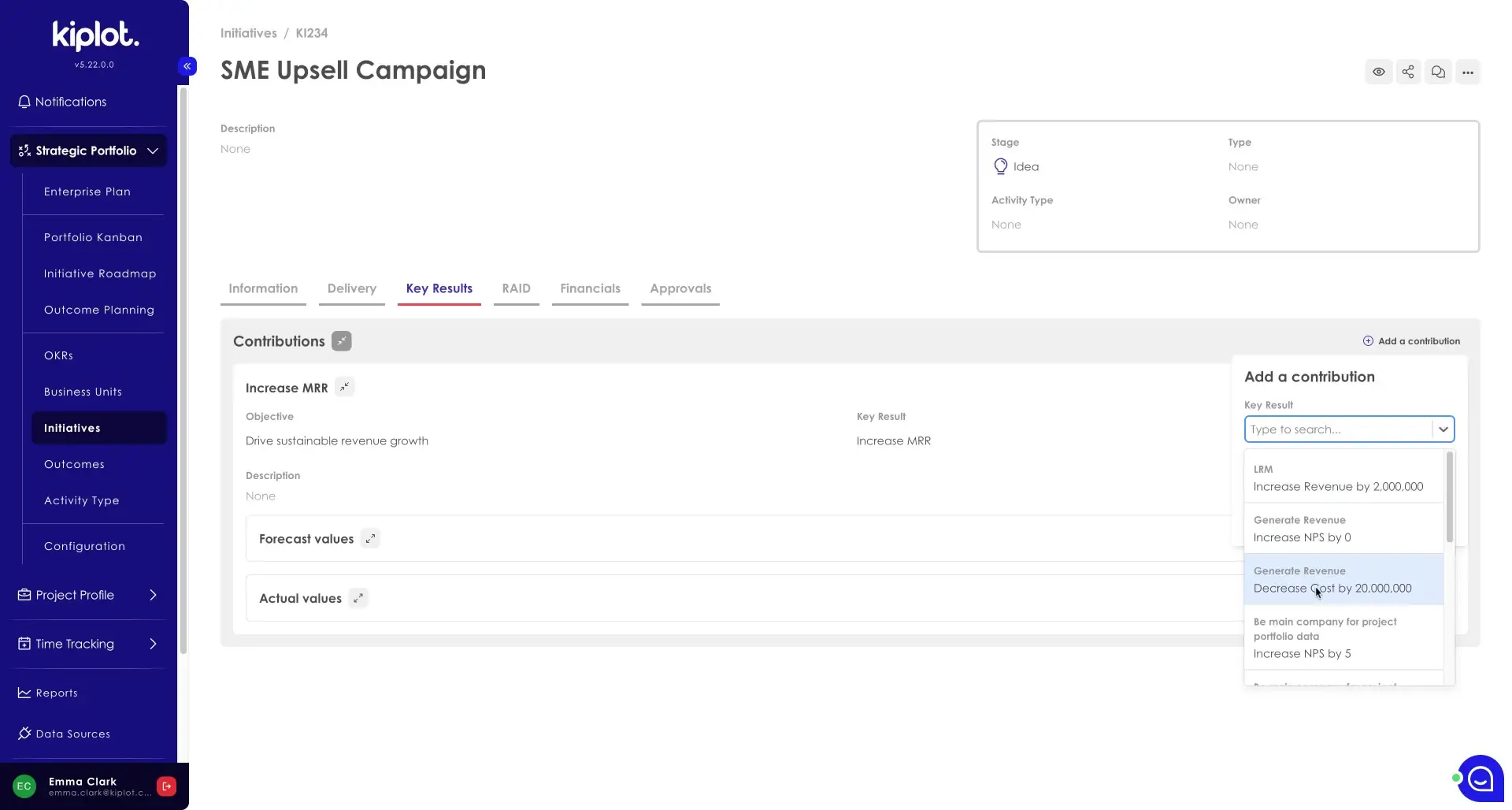 Kiplot SME Upsell Campaign Key Results tab with contributions and add contribution panel.