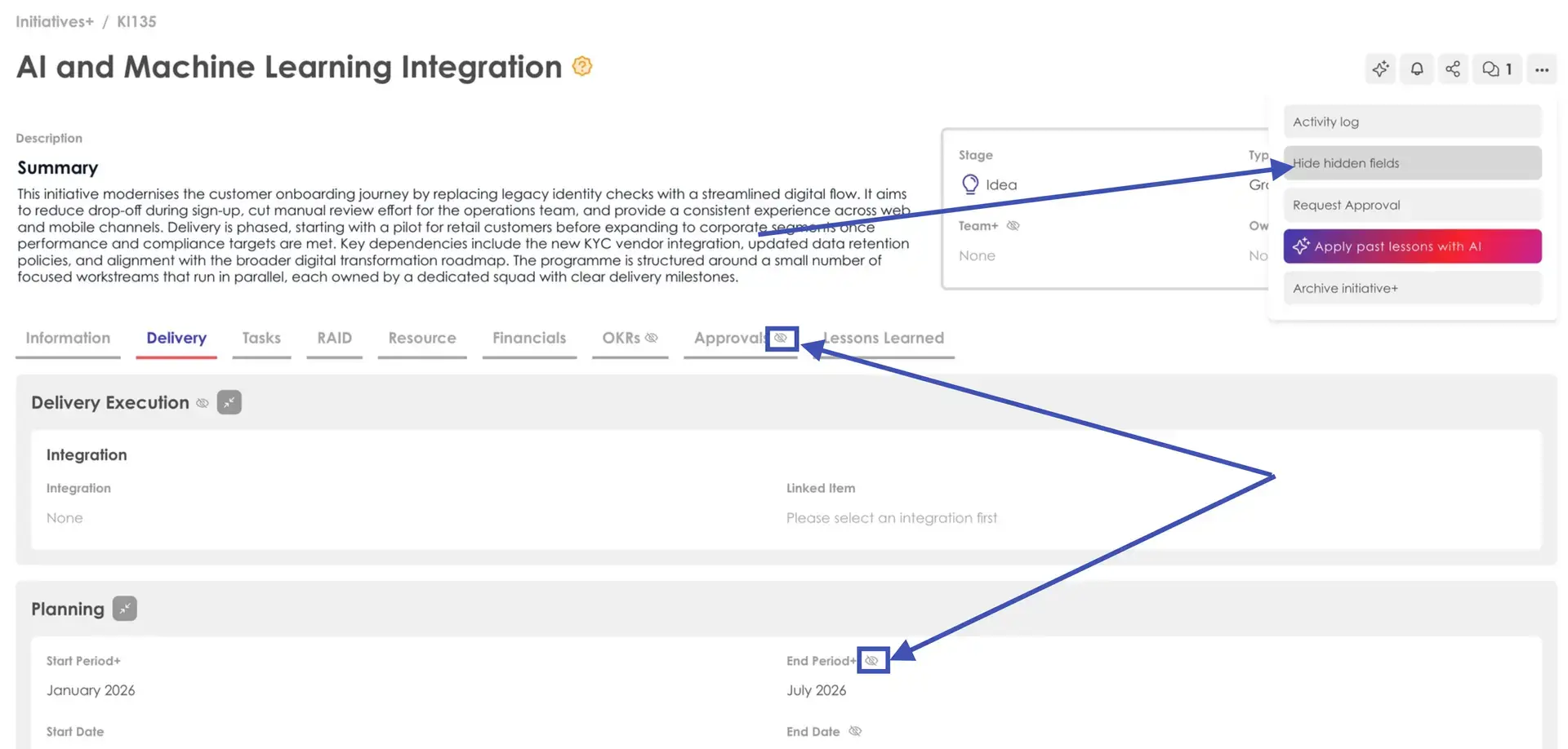 Kiplot Initiatives+ AI and Machine Learning Integration Delivery tab screenshot