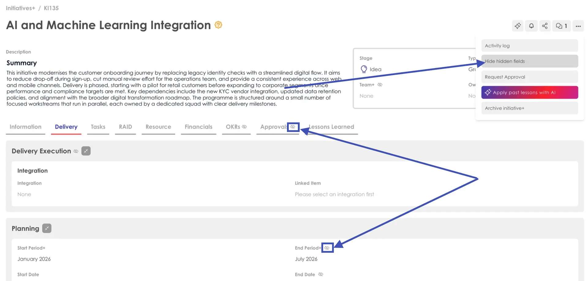 Kiplot AI and Machine Learning Integration initiative screen showing field visibility configuration options.