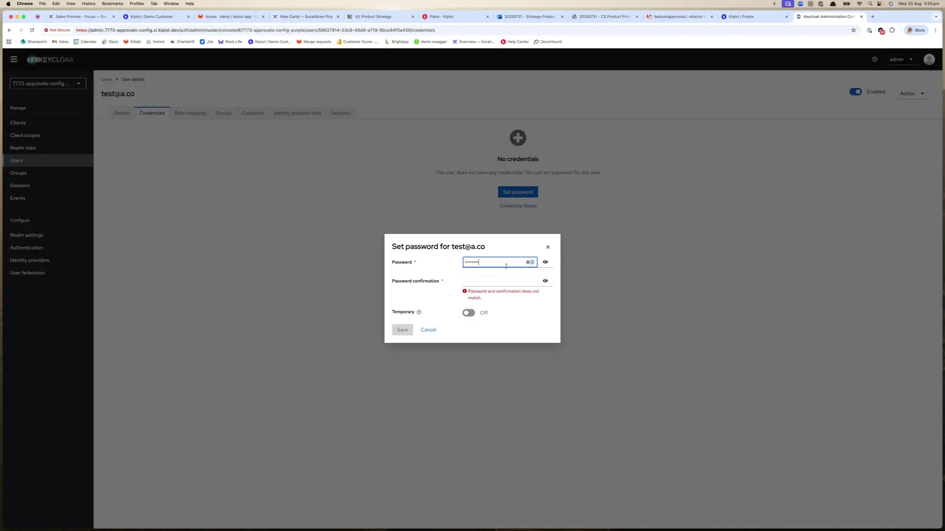 The user is setting a password for the user test@a.co. The password and confirmation do not match.