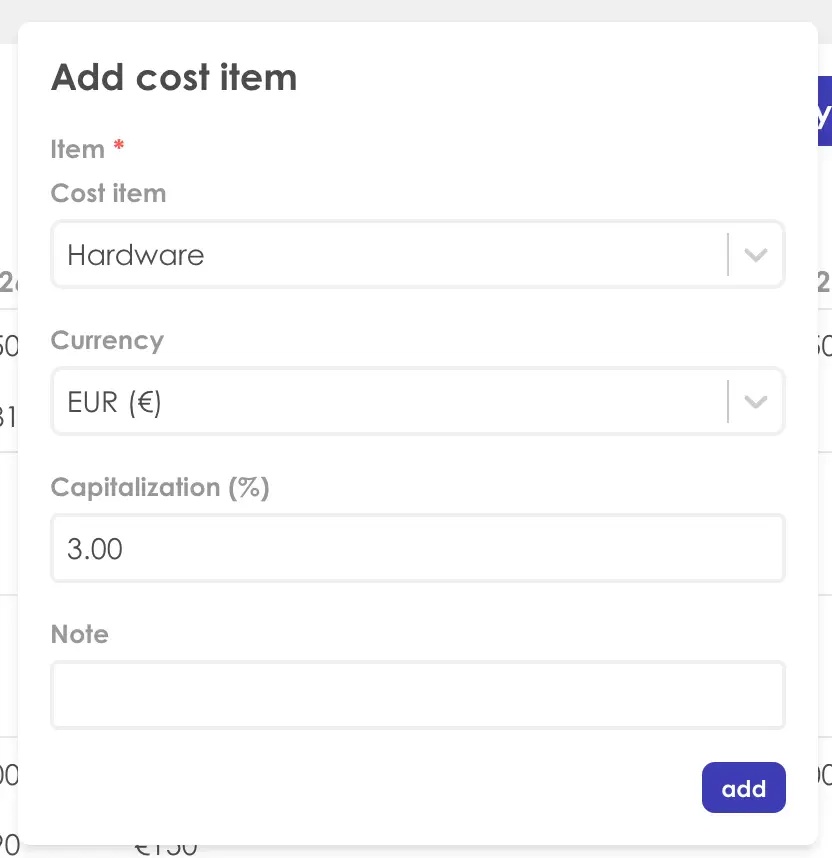 Kiplot Add Cost Item form for financial control with fields for item, currency, capitalization, and note.