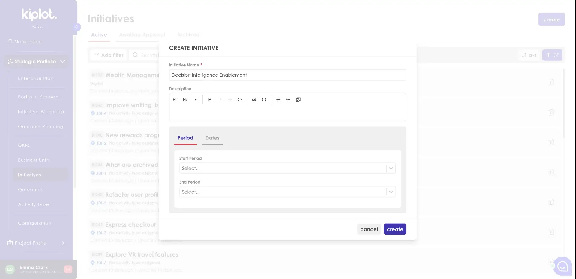 The screenshot shows the 'Create Initiative' form within the Kiplot software, where a user is entering details for a new initiative named 'Decision Intelligence Enablement'.