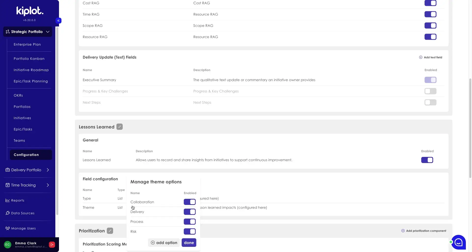 Kiplot Configure Initiatives screen showing configuration options for Delivery Update fields and Lessons Learned with navigation menu.