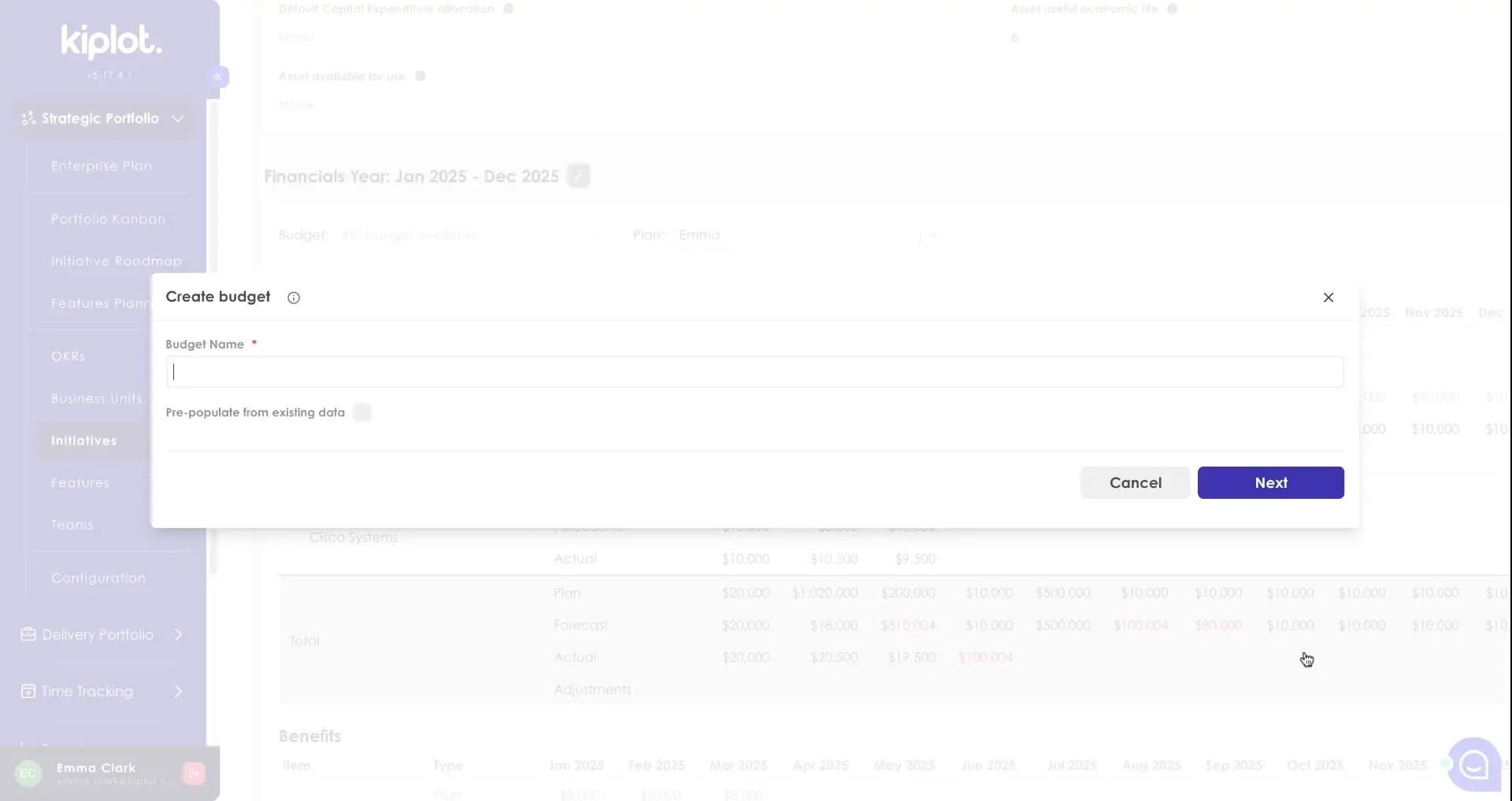 The user is creating a new budget by entering a budget name in the 'Create budget' modal.