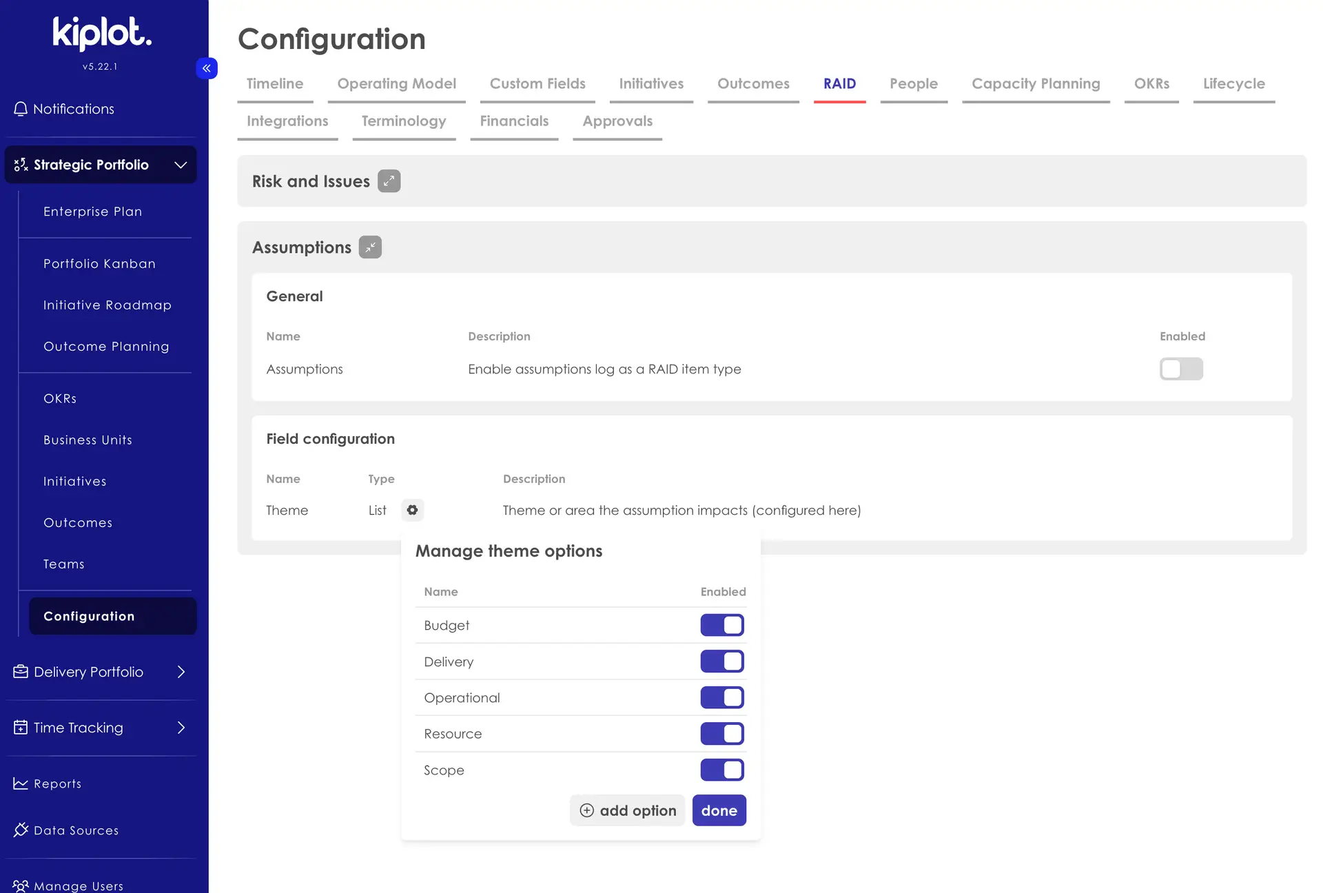 Kiplot Configuration RAID tab showing assumptions and theme options management.