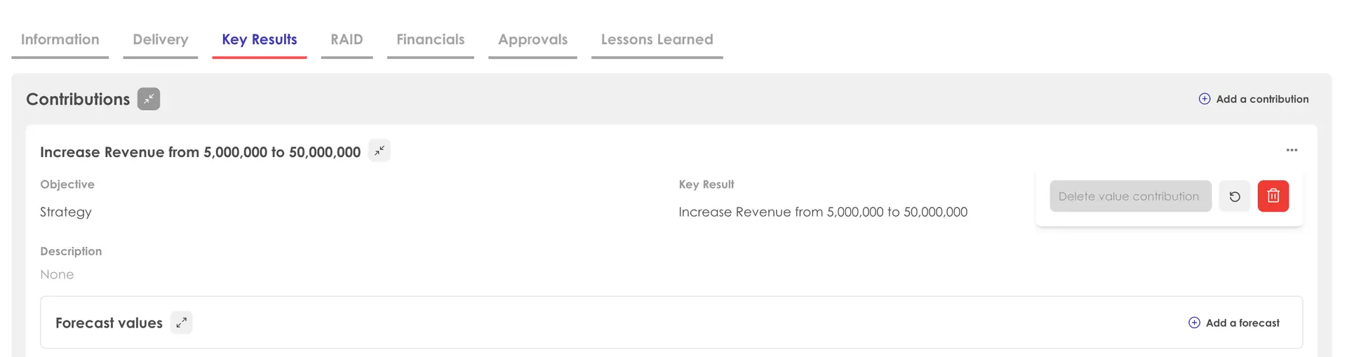 Kiplot Key Results tab showing contributions for financial control.