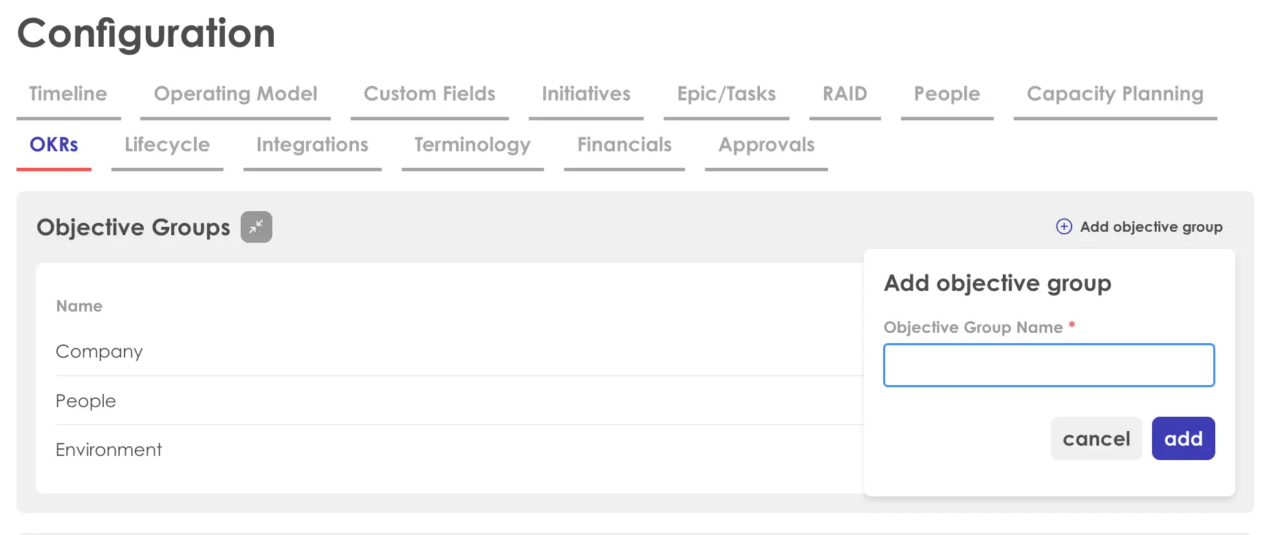 Kiplot Configuration OKRs tab showing Objective Groups with an option to add a new group.