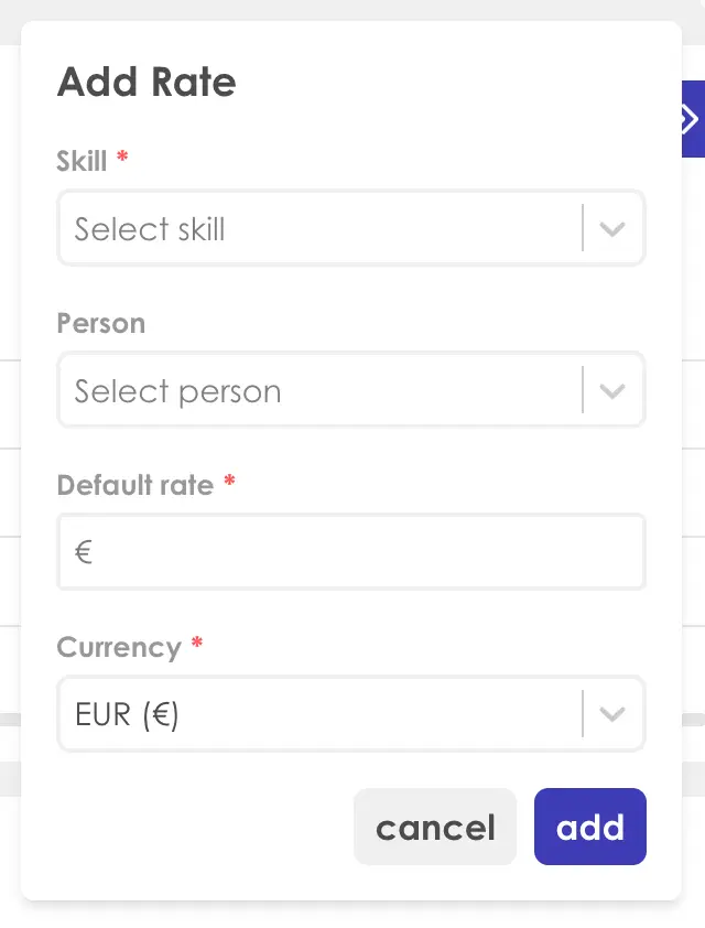 Kiplot Rates Configuration Add Rate screen