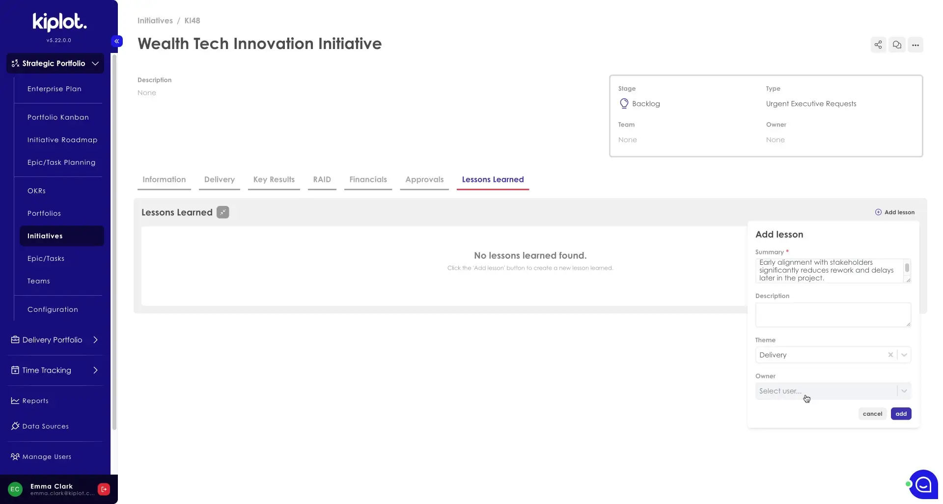 Kiplot Portfolio Planning Lessons Learned screen for Wealth Tech Innovation Initiative.