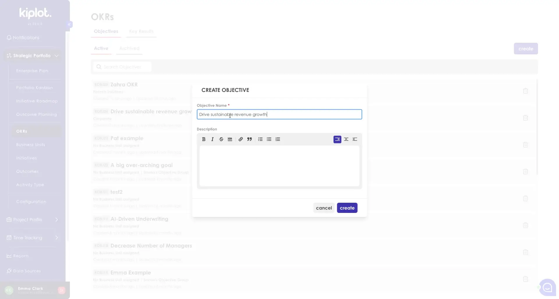 Kiplot OKRs Create Objective screen in Portfolio Planning feature.
