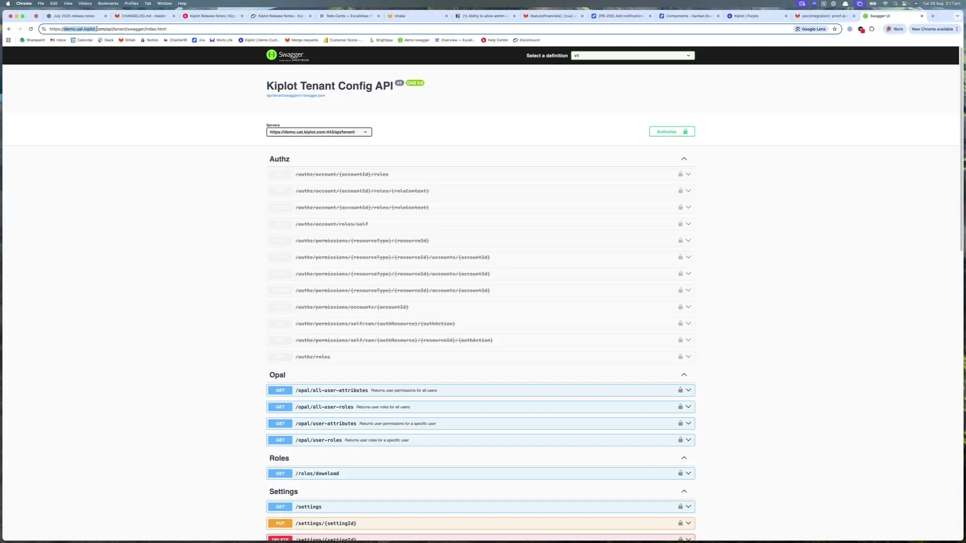 The screenshot displays the Kiplot Tenant Config API documentation, showcasing various API endpoints categorized under Authz, Opal, Roles, and Settings, with options to authorize and select API definitions.