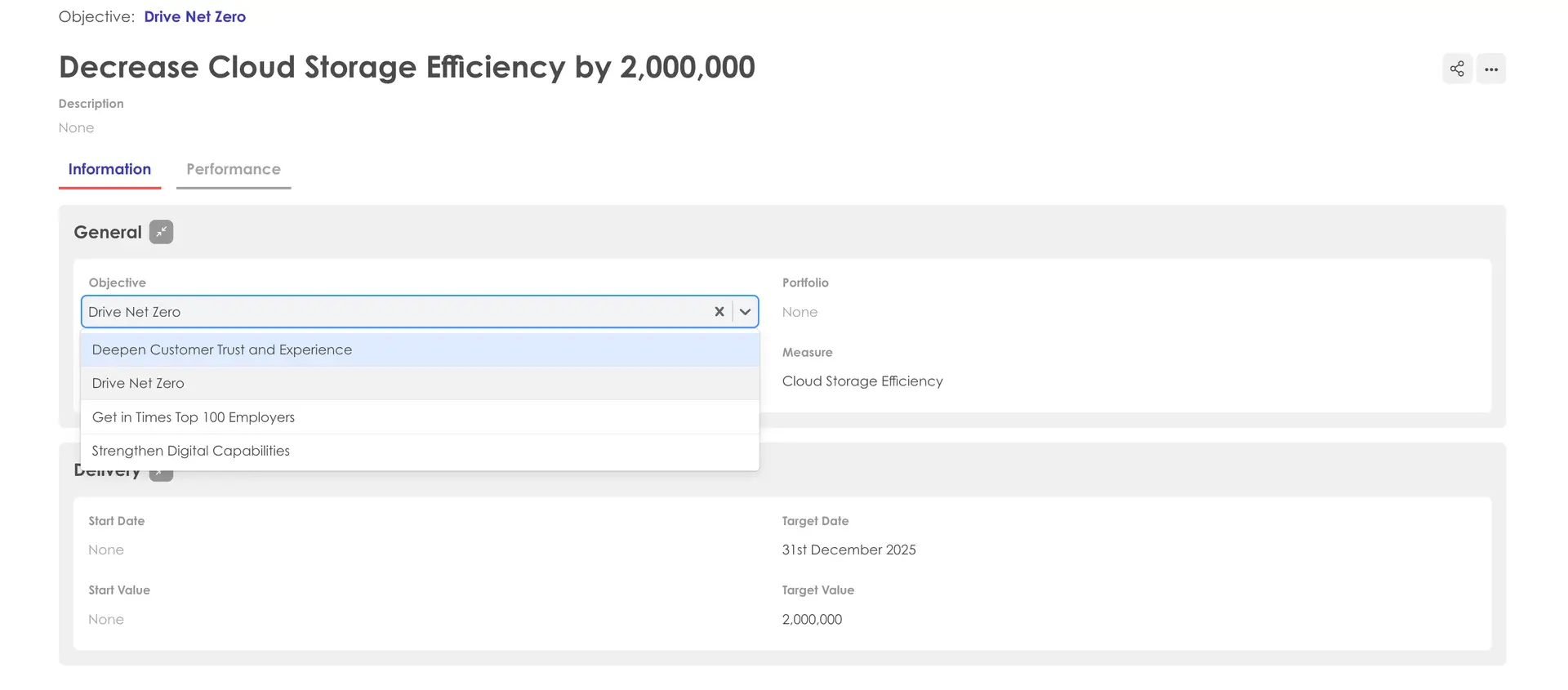 Kiplot Portfolio Planning OKRs screen showing objective to decrease cloud storage efficiency.