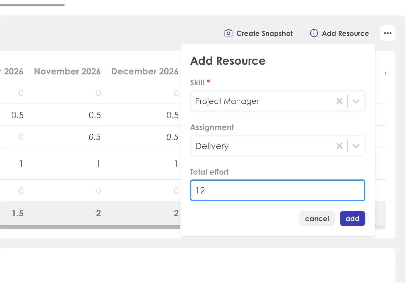 Kiplot Portfolio Planning Add Resource dialog with fields for Skill, Assignment, and Total effort.