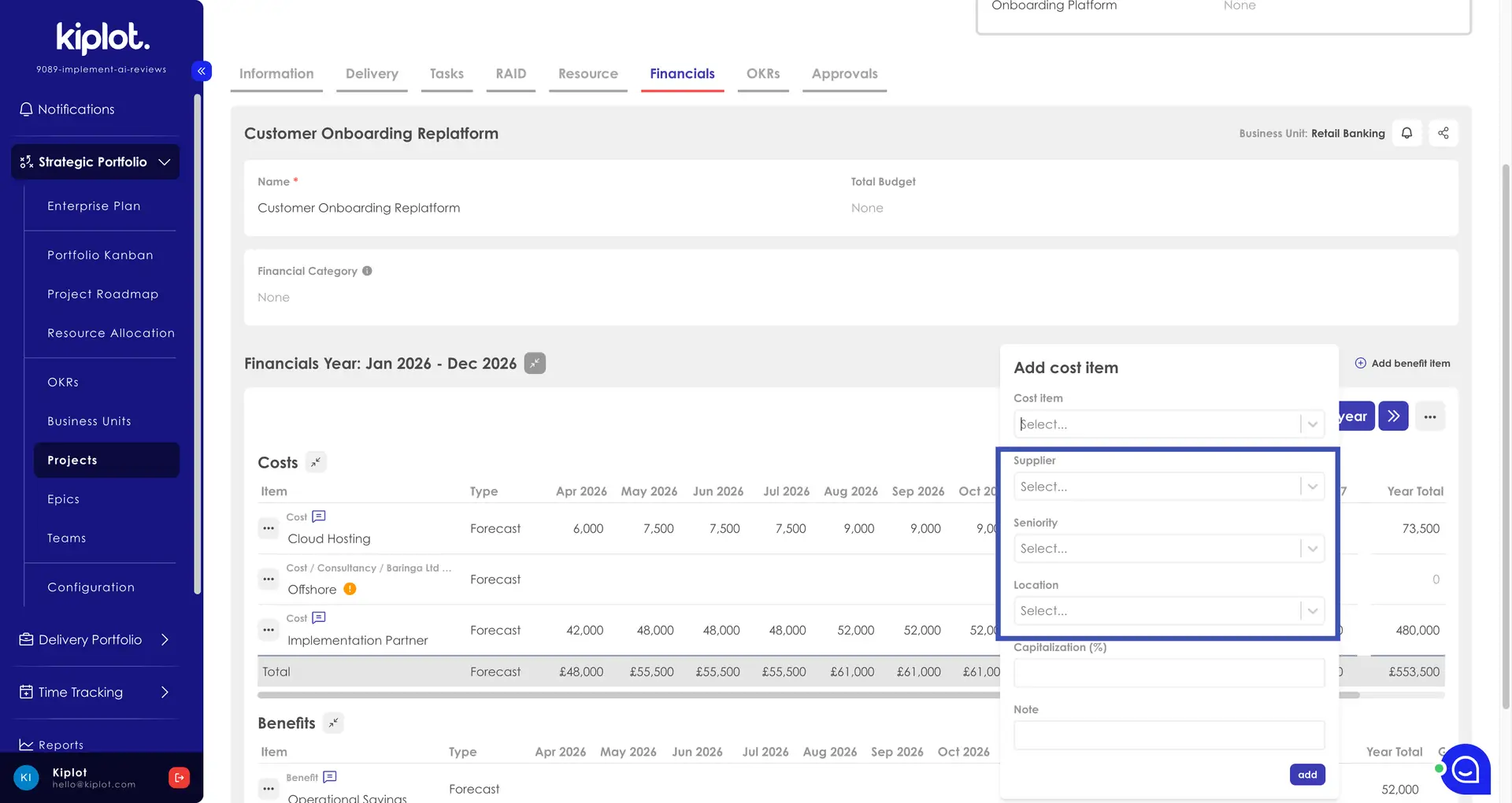 Kiplot Financials section for Customer Onboarding Replatform project showing cost and benefit details for 2026.