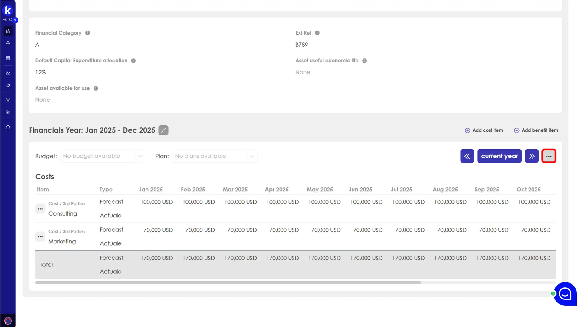 Kiplot Financials Configuration for Jan 2025 to Dec 2025 showing costs for Consulting and Marketing.