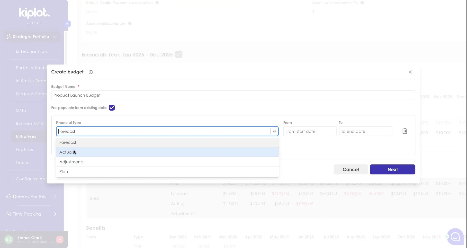 The user is creating a budget named "Product Launch Budget" and is selecting the financial type from a dropdown menu, with options including Forecast, Actuals, Adjustments, and Plan.