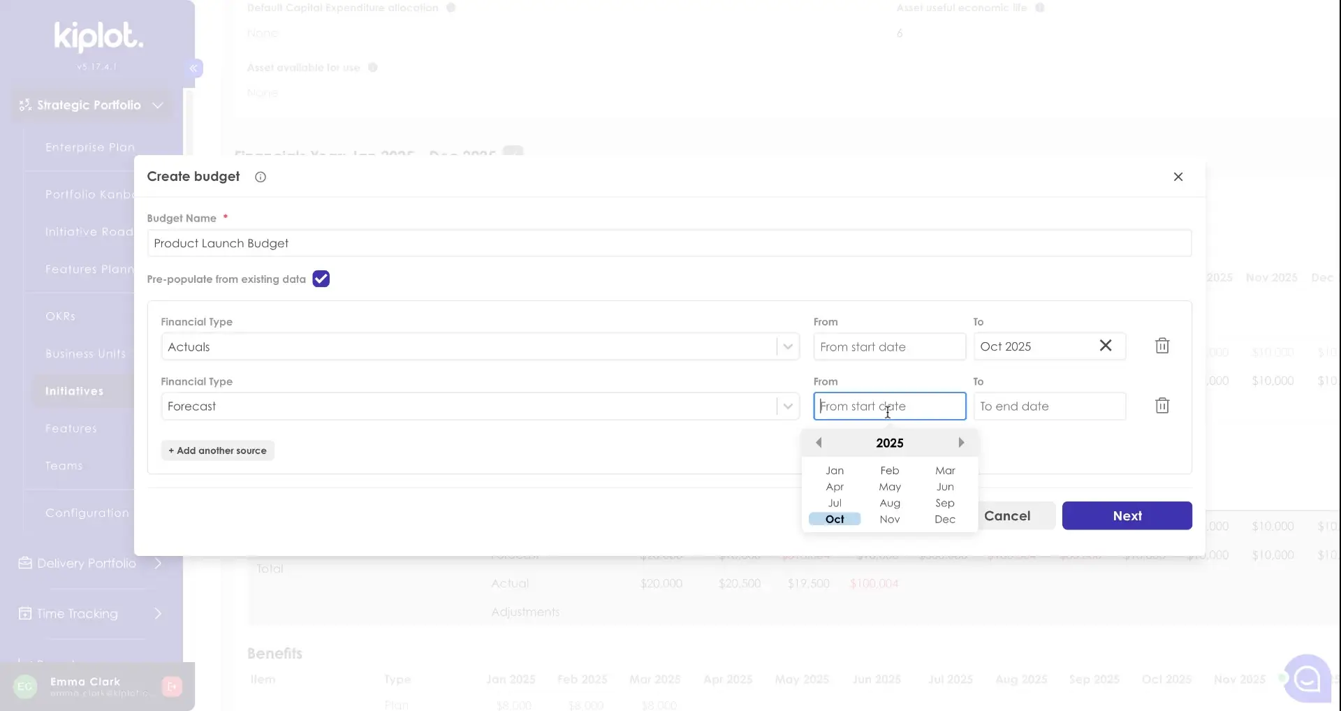 The user is creating a budget in Kiplot, specifically a "Product Launch Budget". They are setting the financial type to "Forecast" and selecting the start date for the forecast period.