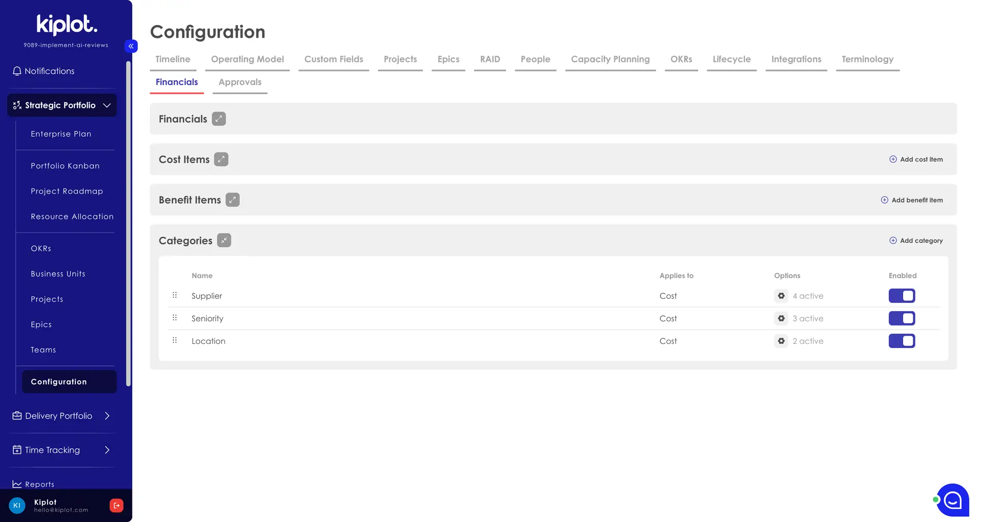 Kiplot Configuration Financials screen showing categories and options