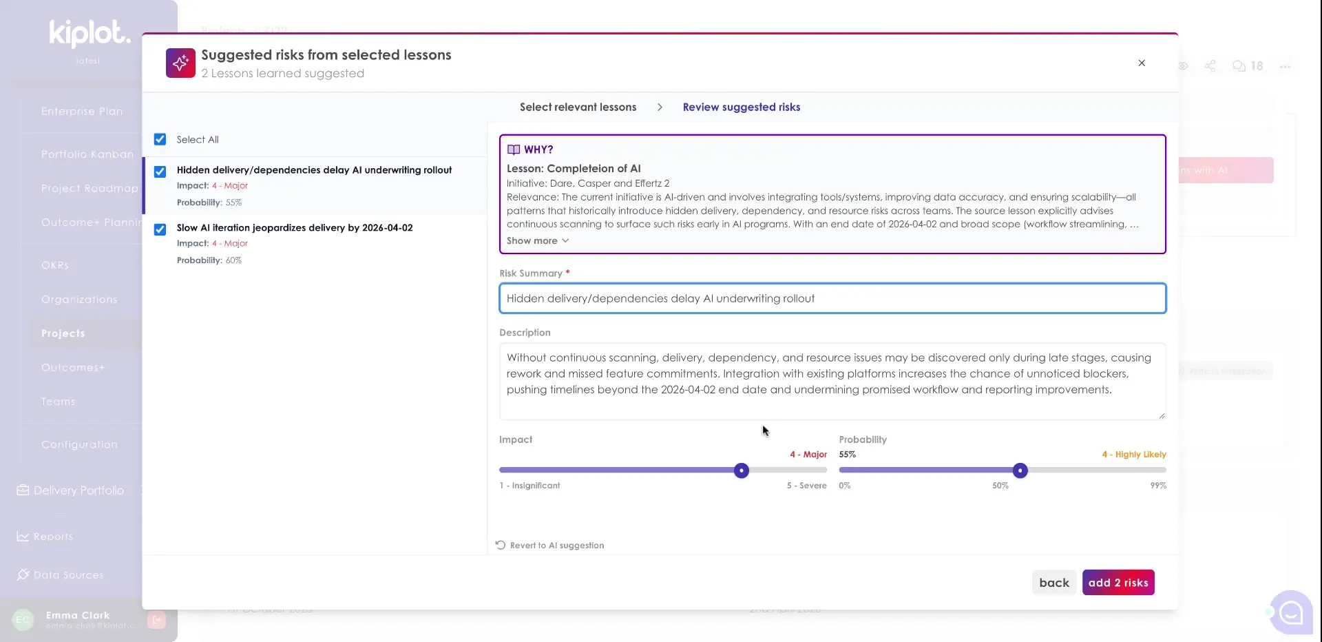Kiplot Portfolio Planning Suggested Risks from Selected Lessons screen