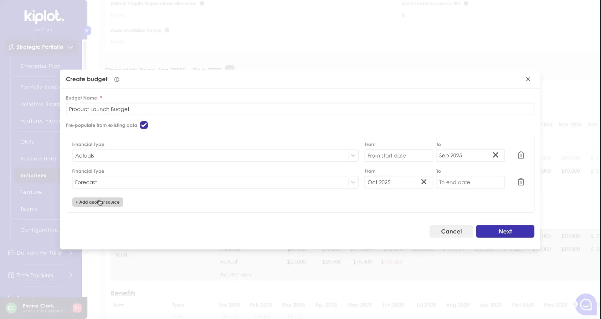 The user is creating a budget named "Product Launch Budget". The user is setting the financial type and the time period for the budget, with options to select the start and end dates.