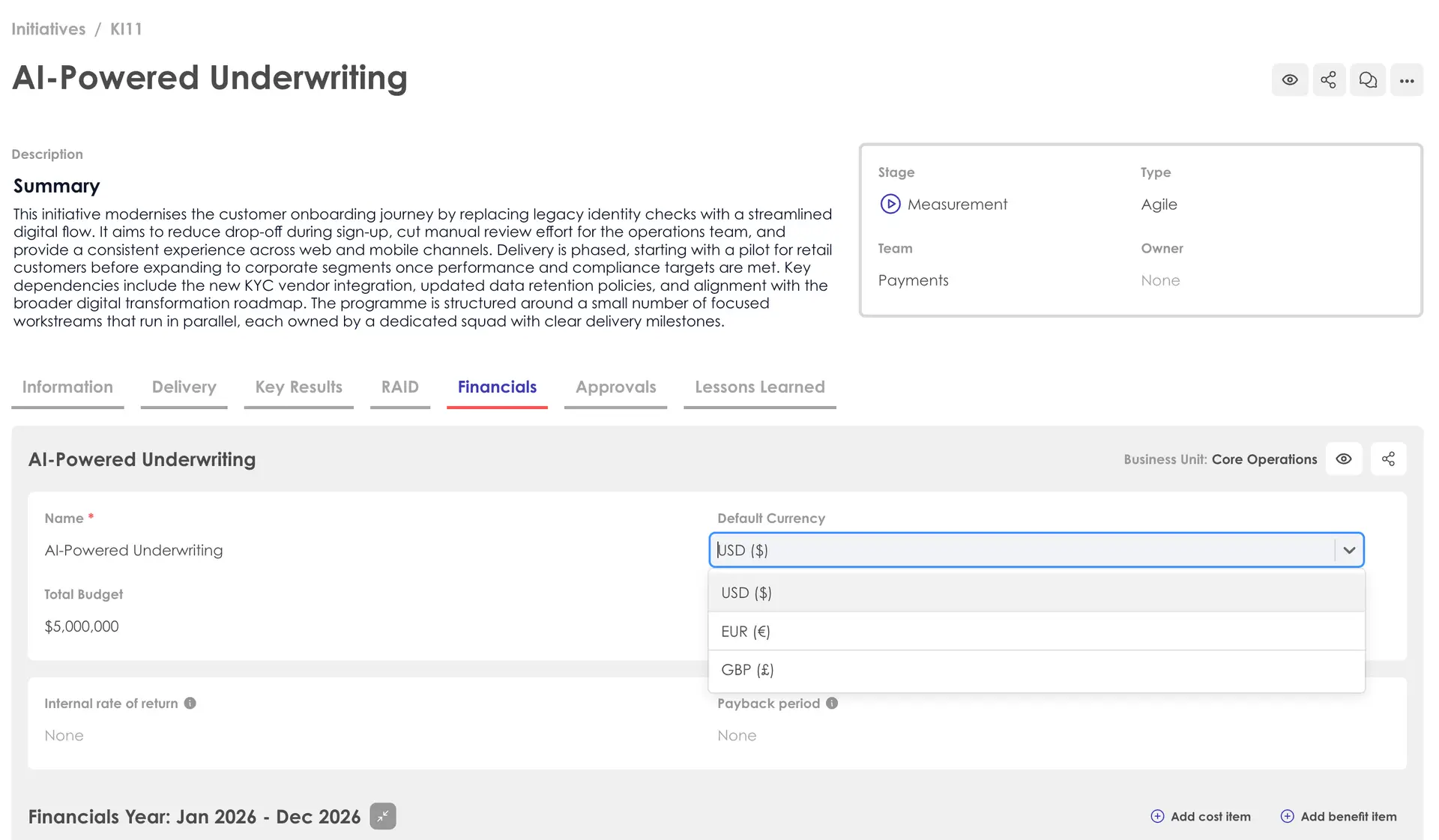 Kiplot Financials section for AI-Powered Underwriting initiative, showing budget and currency options.