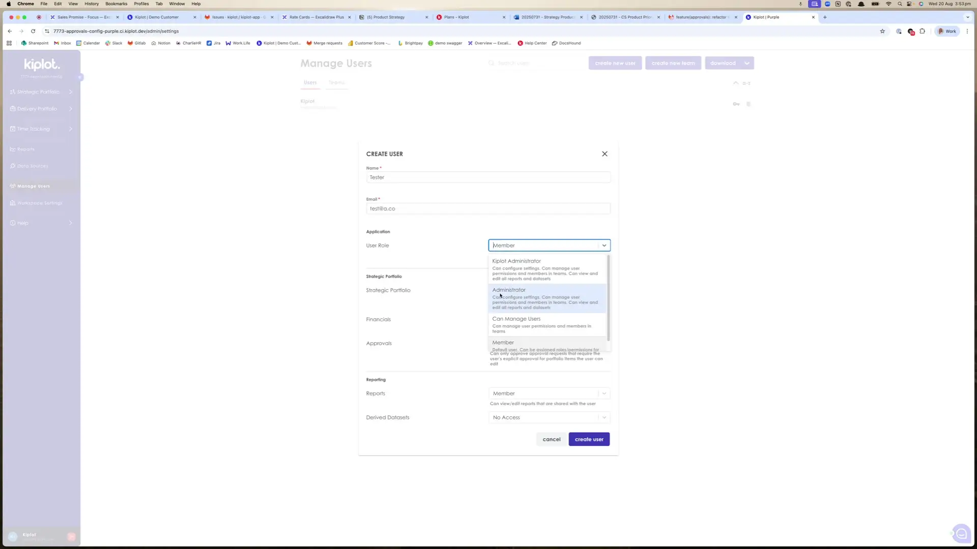 The screenshot shows the 'Create User' form within the Kiplot application, allowing an administrator to define user details, assign roles, and manage permissions.