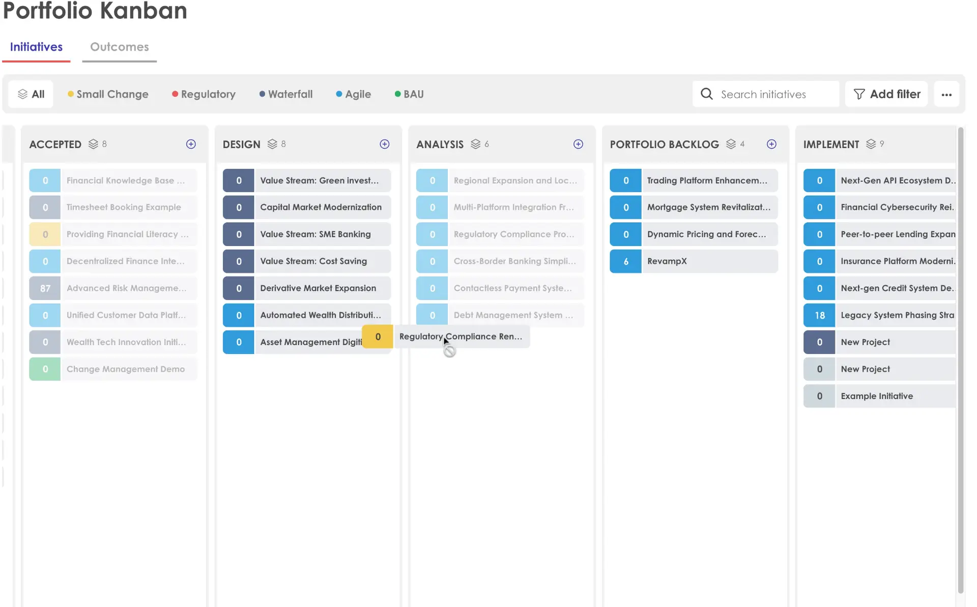 Kiplot Portfolio Kanban screen showing columns for Accepted, Design, Analysis, Portfolio Backlog, and Implement stages.