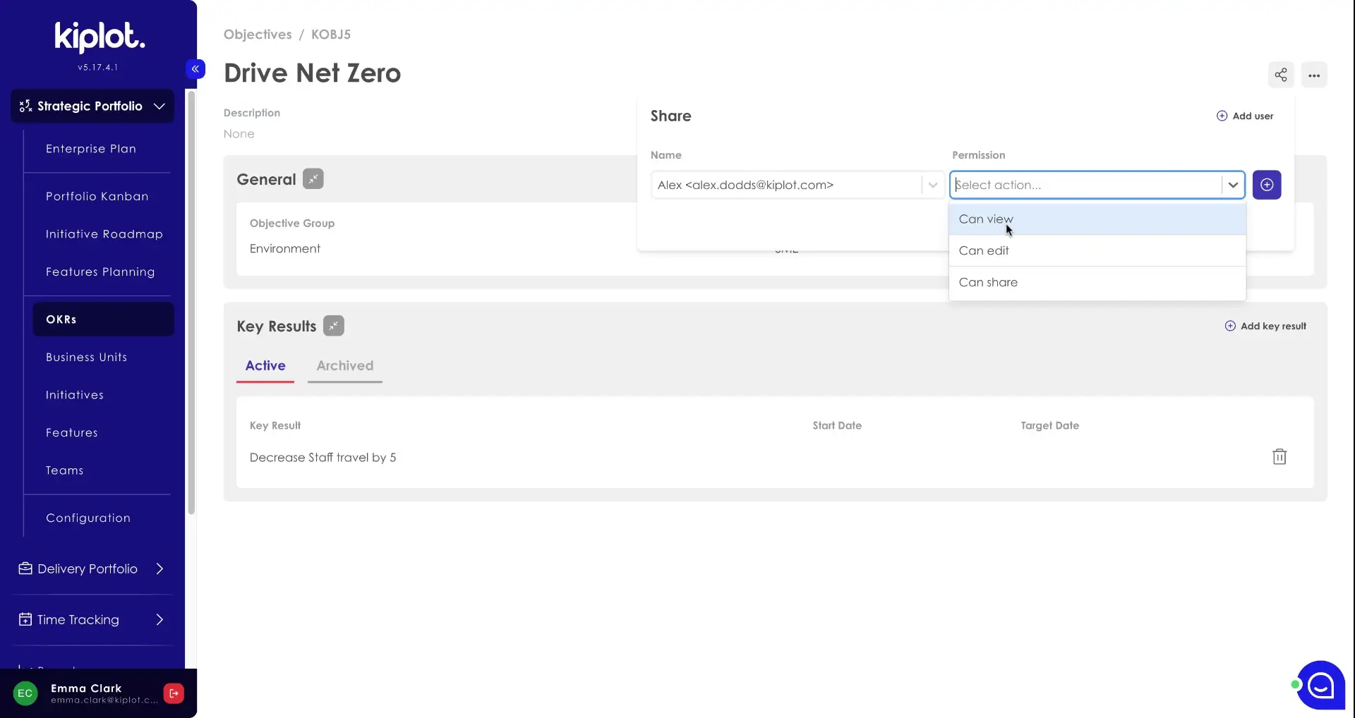 The user is sharing the 'Drive Net Zero' objective with another user and is selecting the permission level for the shared access.